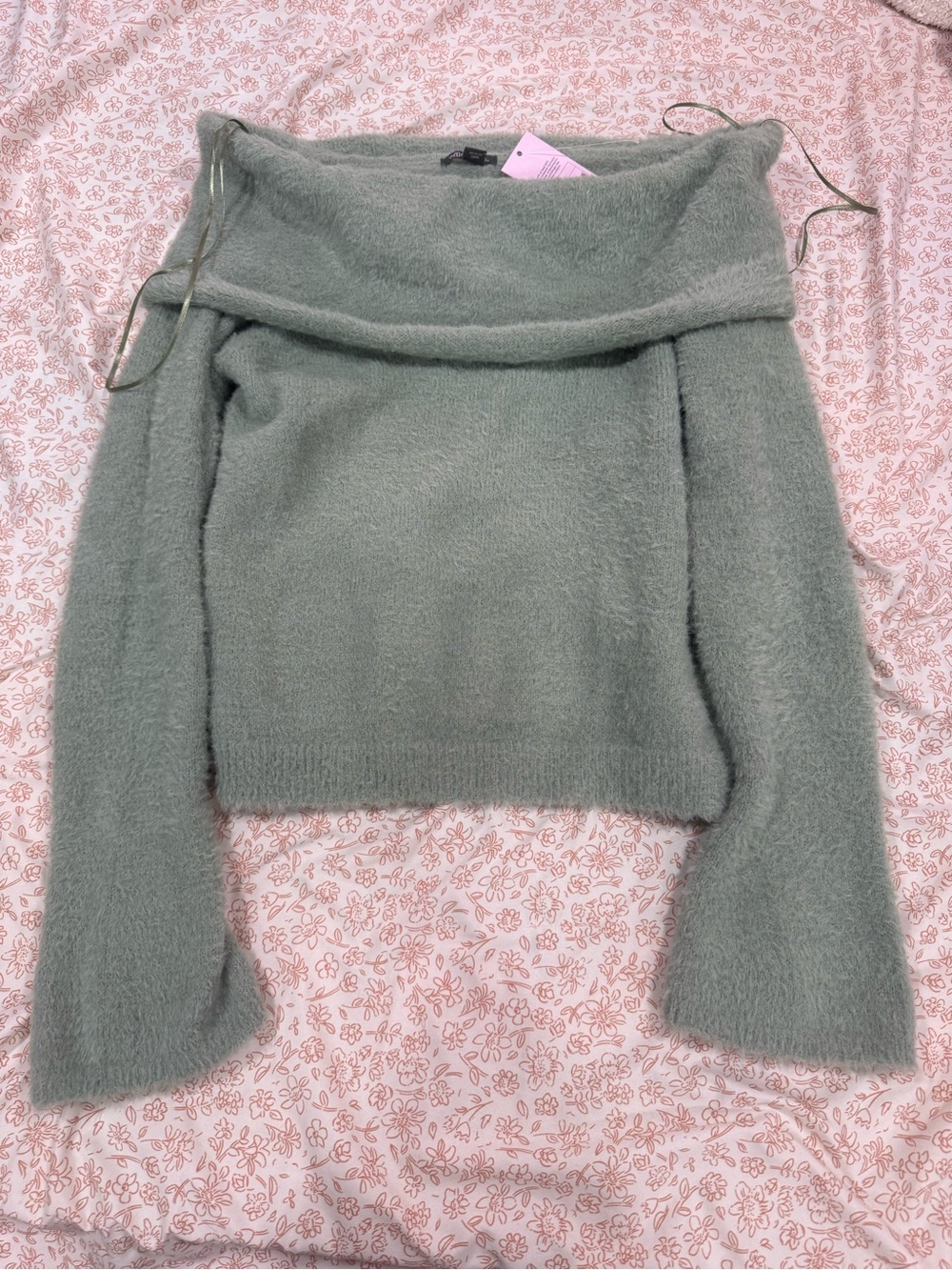 wild fable Off-the-Shoulder Fuzzy Sweater in Sage Green